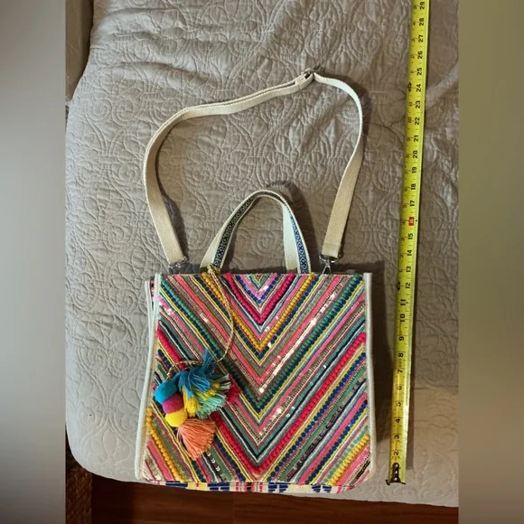 America & Beyond Chevron Boho Multicolor Pom-Pom Embroidered Crossbody Tote Bag - Picture 7 of 8
